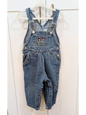 Vintage Sears Baby Denim Overalls with Floral Pocket Embroidery